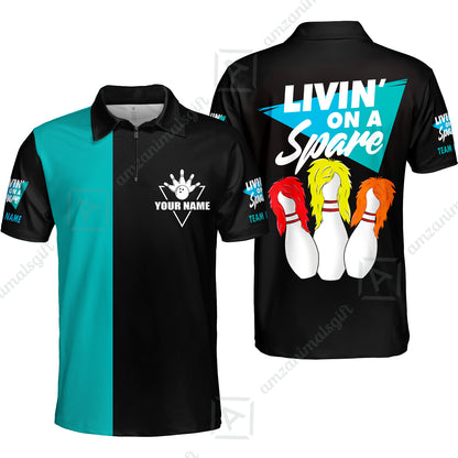 Customized Bowling Quarter-Zip Polo Shirt, Bowling Livin' On A Spare Personalized Quarter-Zip Polo Shirt Uniform For Bowlers