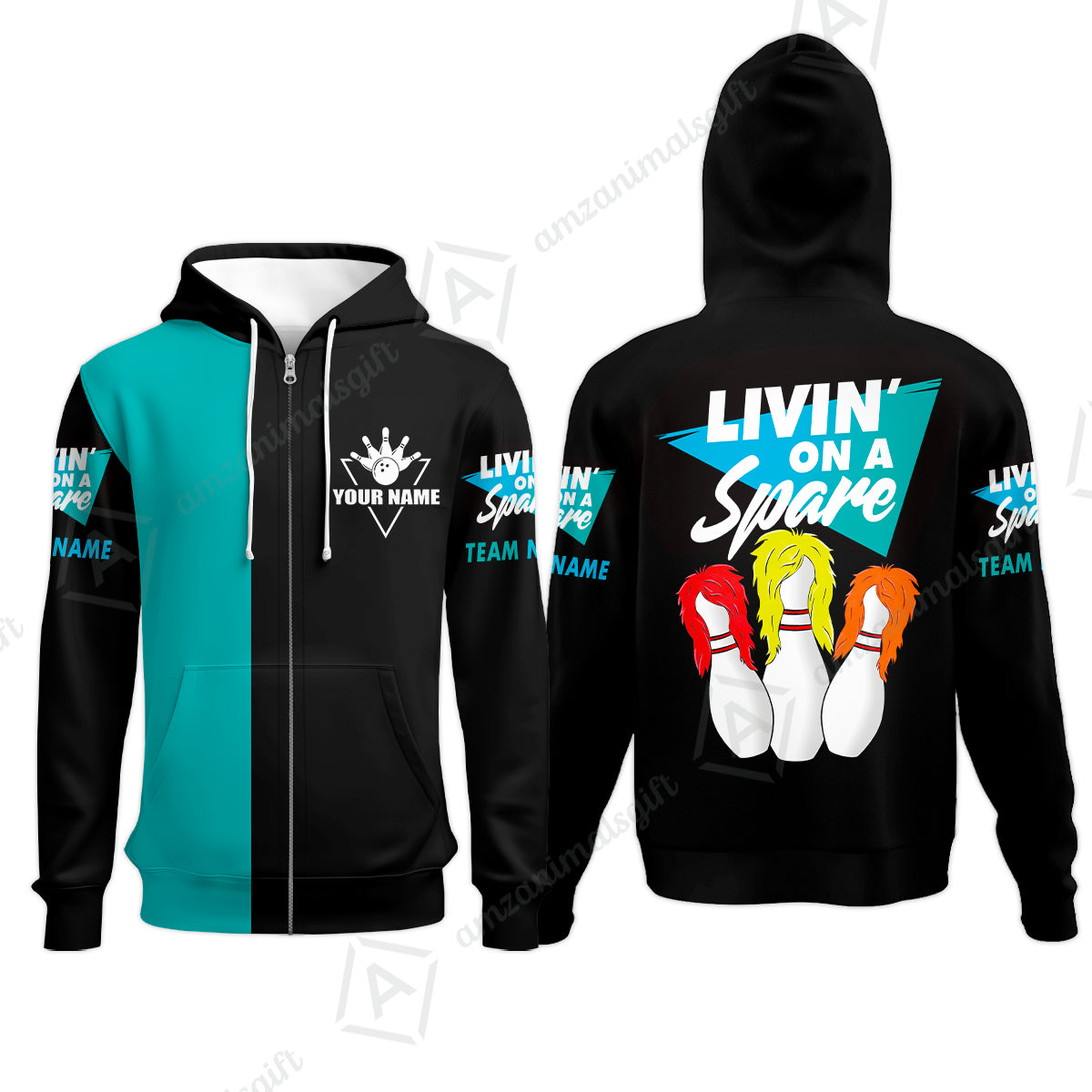 Customized Bowling Team Zip Hoodie, Bowling Livin' On A Spare Personalized Zip Hoodie Uniform For Bowlers