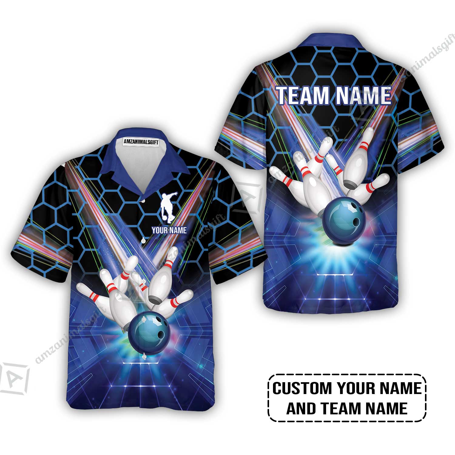 Blue Bowling Custom Hawaiian Shirt, Bowling Personalized Hawaiian Shirt, Bowling Shirt Custom Name and Team Name