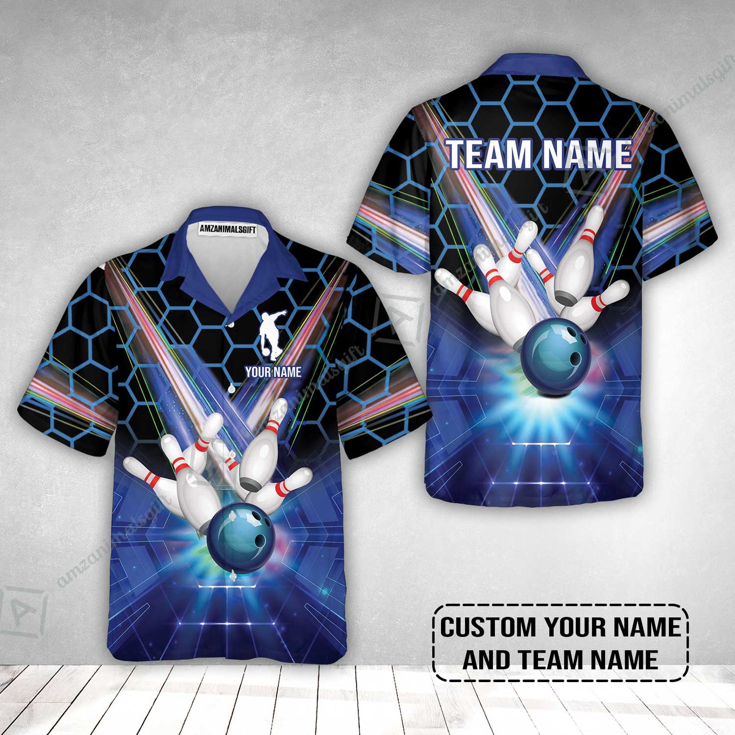 Blue Bowling Custom Hawaiian Shirt, Bowling Personalized Hawaiian Shirt, Bowling Shirt Custom Name and Team Name