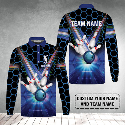 Blue Bowling Custom Men Long Polo Shirt, Bowling Personalized Polo Shirt, Bowling Shirt Custom Name and Team Name