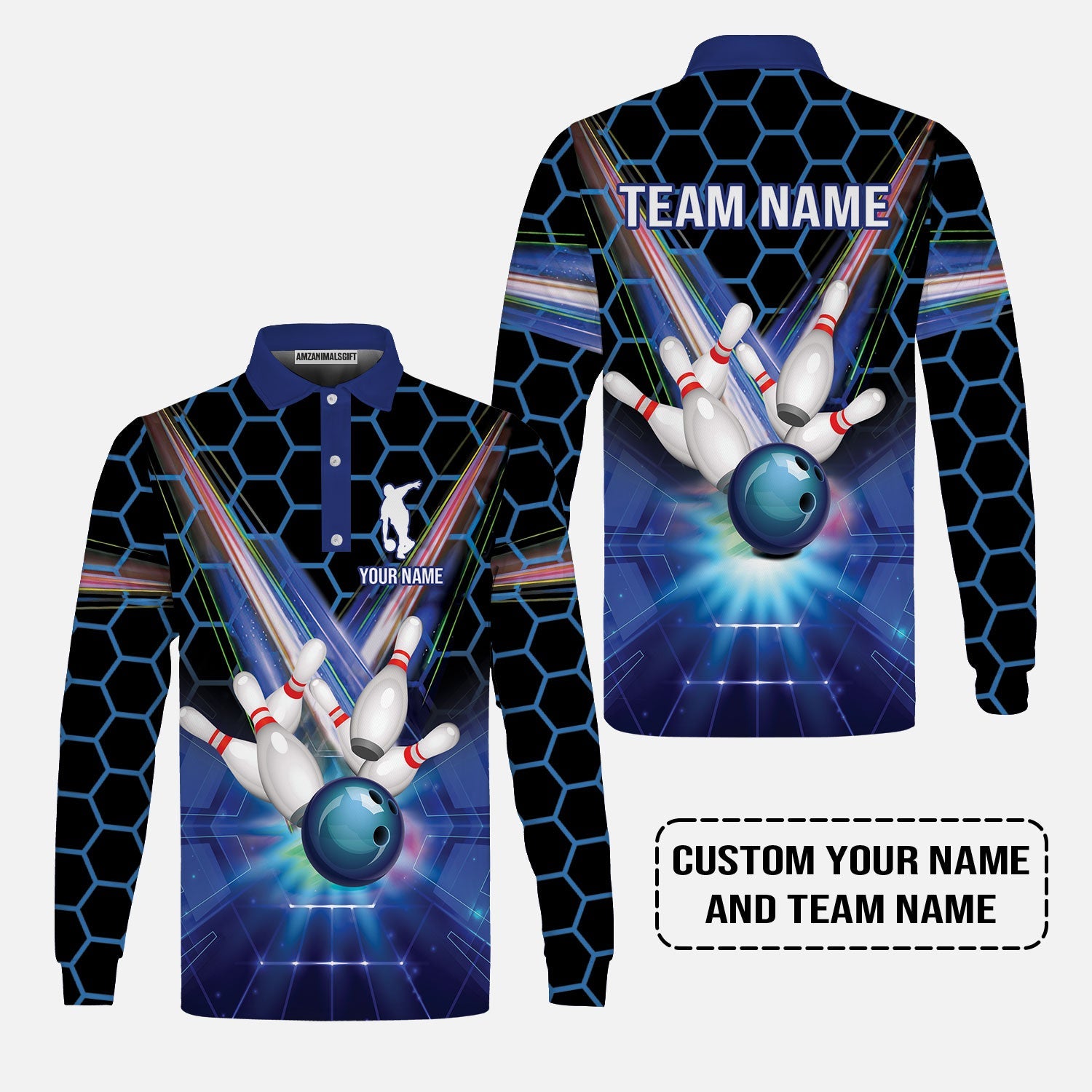 Blue Bowling Custom Men Long Polo Shirt, Bowling Personalized Polo Shirt, Bowling Shirt Custom Name and Team Name