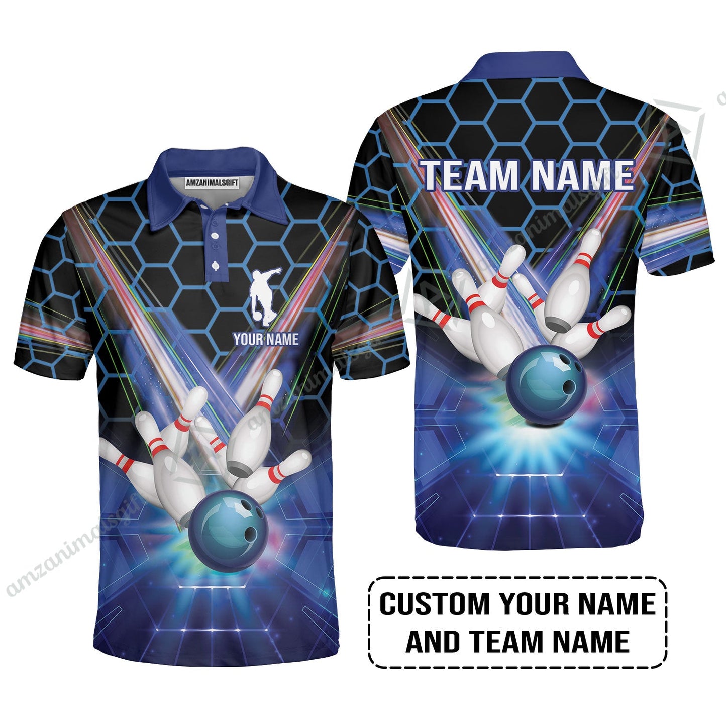 Blue Bowling Custom Men Long Polo Shirt, Bowling Personalized Polo Shirt, Bowling Shirt Custom Name and Team Name