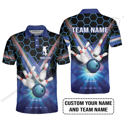 Blue Bowling Custom Men Long Polo Shirt, Bowling Personalized Polo Shirt, Bowling Shirt Custom Name and Team Name