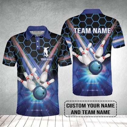 Blue Bowling Custom Men Polo Shirt, Bowling Personalized Polo Shirt, Bowling Shirt Custom Name and Team Name