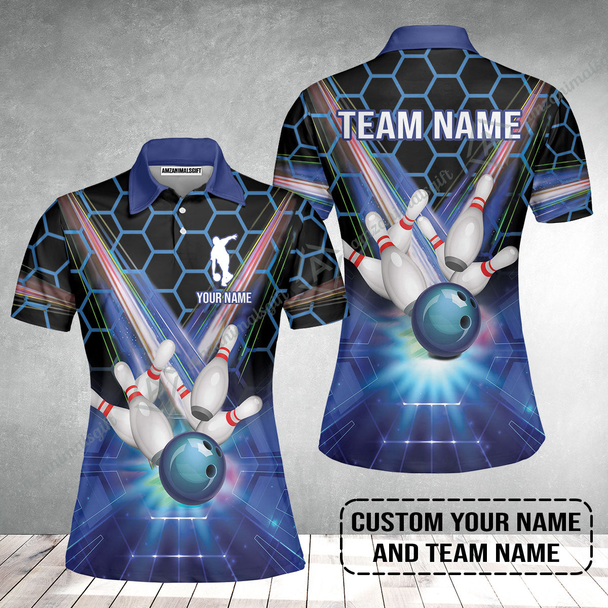 Blue Bowling Custom Women Polo Shirt, Bowling Personalized Women Polo Shirt, Bowling Shirt Custom Name and Team Name