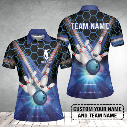 Blue Bowling Custom Women Polo Shirt, Bowling Personalized Women Polo Shirt, Bowling Shirt Custom Name and Team Name