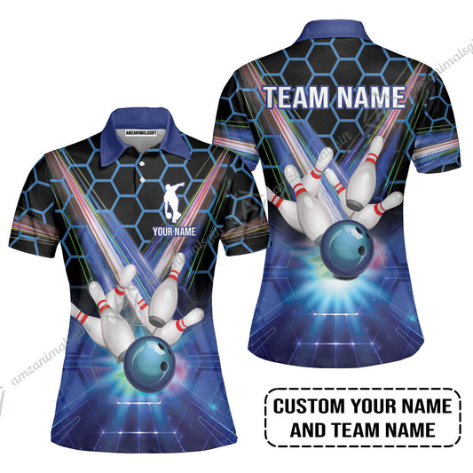 Blue Bowling Custom Women Polo Shirt, Bowling Personalized Women Polo Shirt, Bowling Shirt Custom Name and Team Name