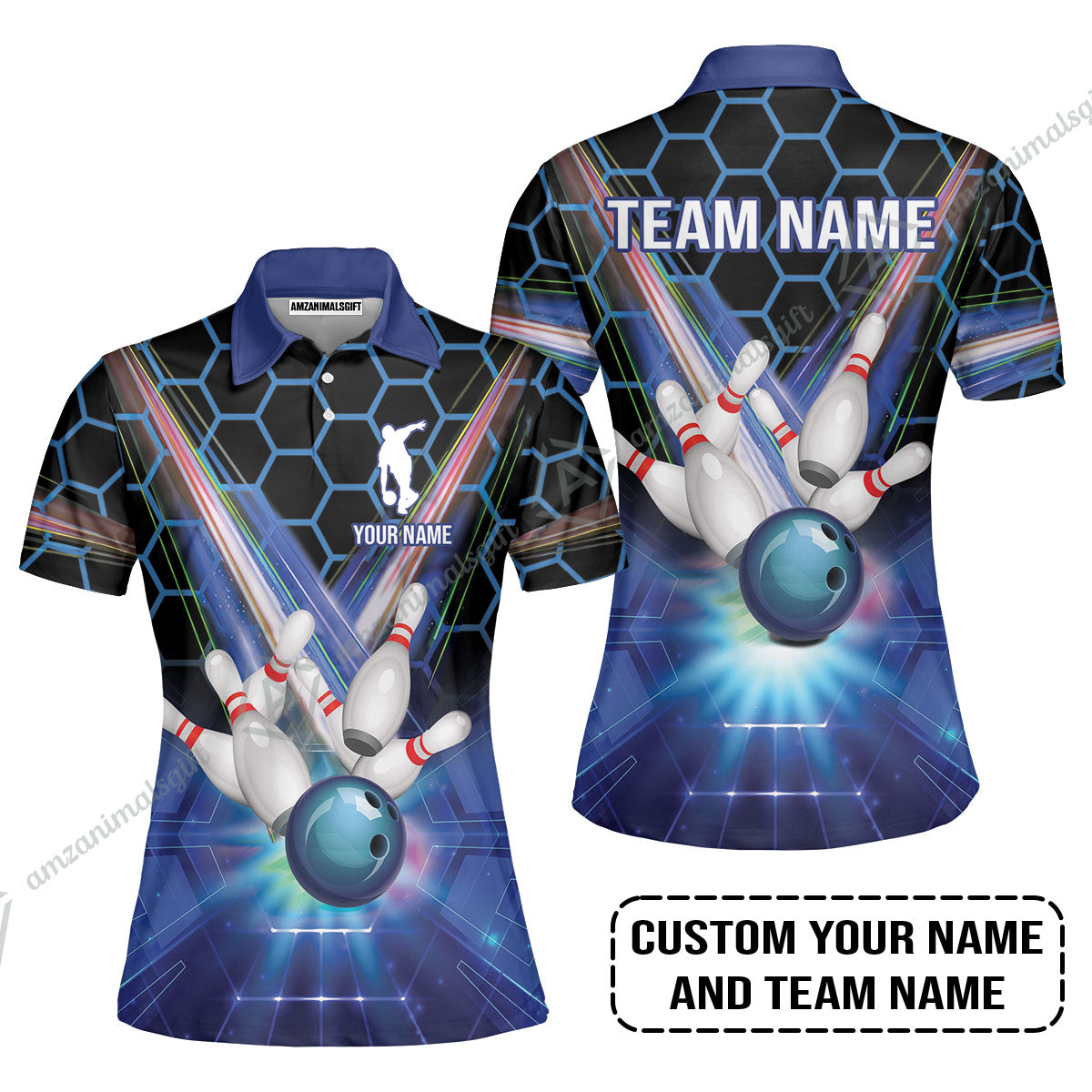 Blue Bowling Custom Women Polo Shirt, Bowling Personalized Women Polo Shirt, Bowling Shirt Custom Name and Team Name
