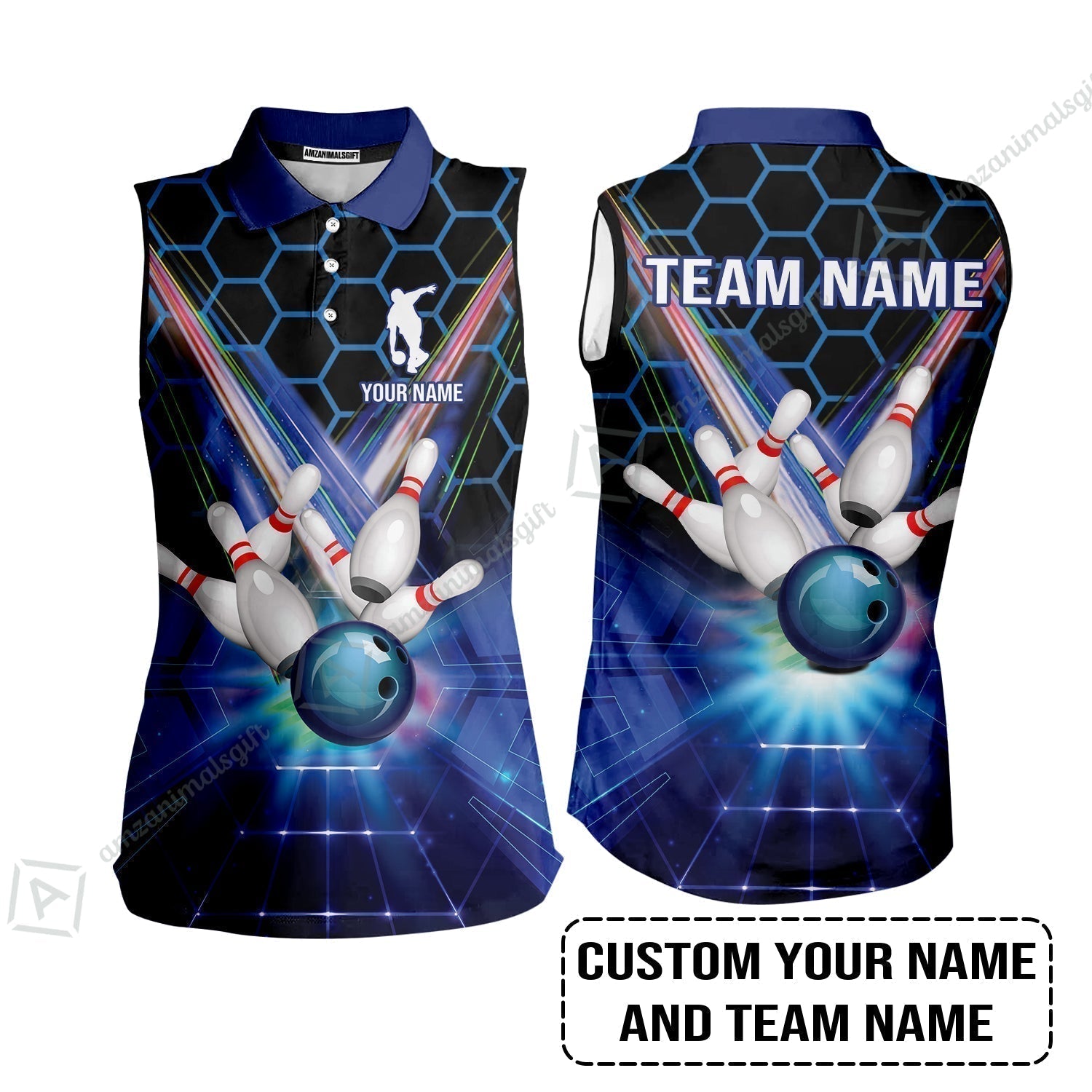 Blue Bowling Custom Women Sleeveless Polo Shirt, Bowling Personalized Women Sleeveless Polo Shirt, Bowling Shirt Custom Name and Team Name