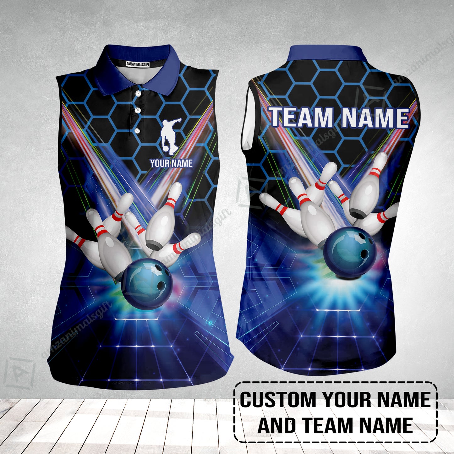 Blue Bowling Custom Women Sleeveless Polo Shirt, Bowling Personalized Women Sleeveless Polo Shirt, Bowling Shirt Custom Name and Team Name