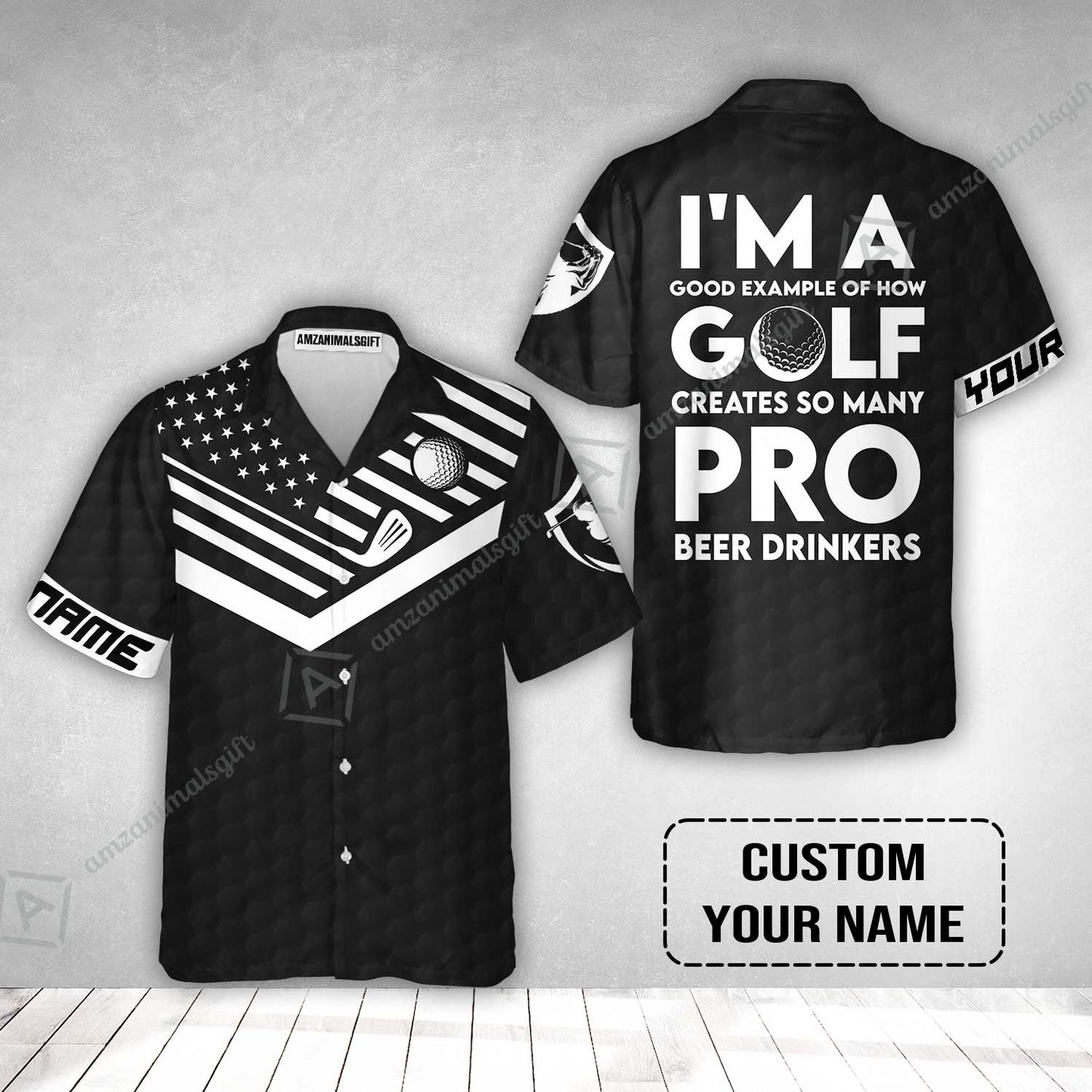 Personalized Golf American Flag Hawaiian Shirt, I'm A Golf Pro And Beer Drinker Custom Hawaiian Shirt