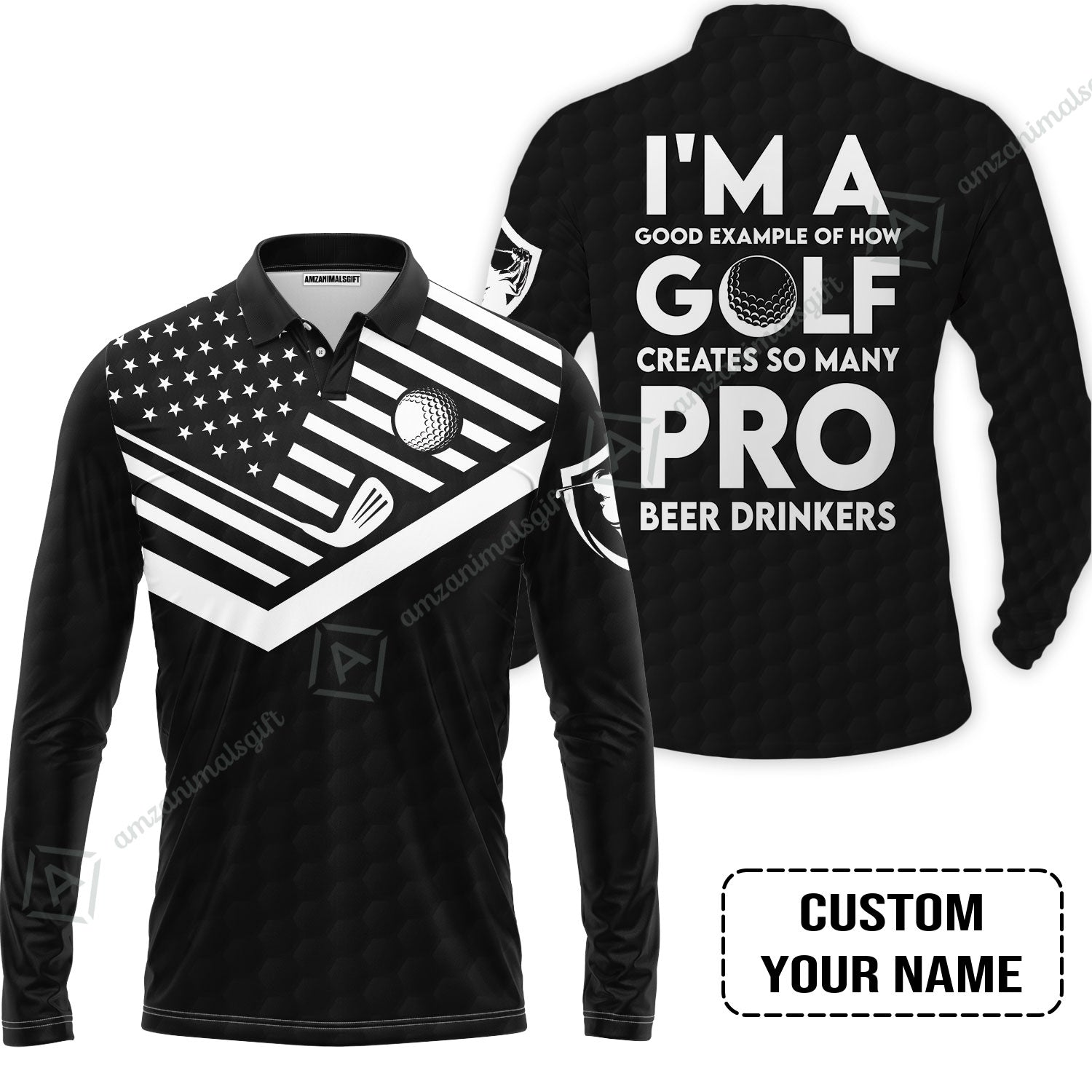Personalized Golf American Flag Polo Shirt, I'm A Golf Pro And Beer Drinker Custom Long Polo Shirt
