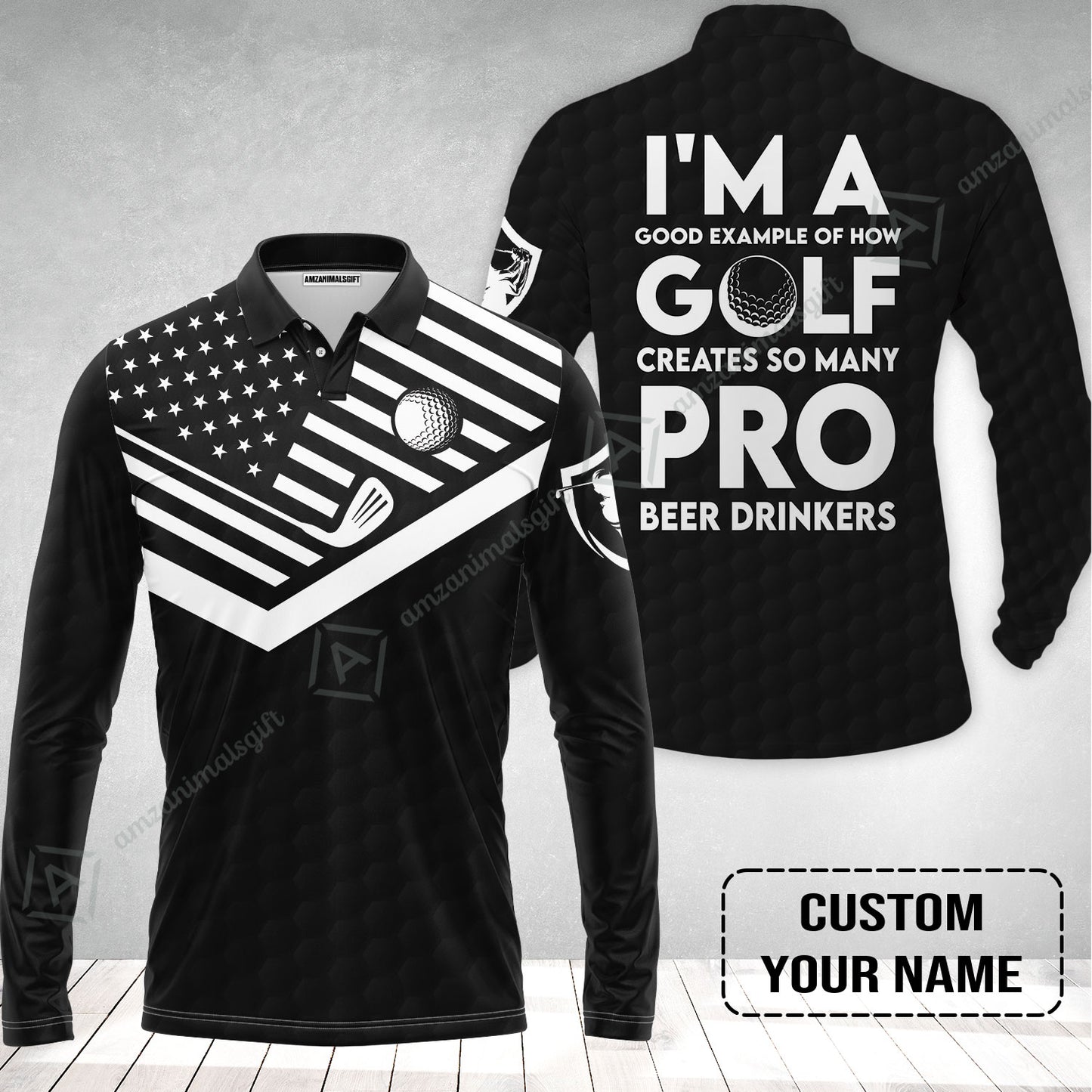 Personalized Golf American Flag Polo Shirt, I'm A Golf Pro And Beer Drinker Custom Long Polo Shirt