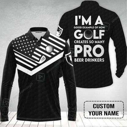 Personalized Golf American Flag Polo Shirt, I'm A Golf Pro And Beer Drinker Custom Long Polo Shirt