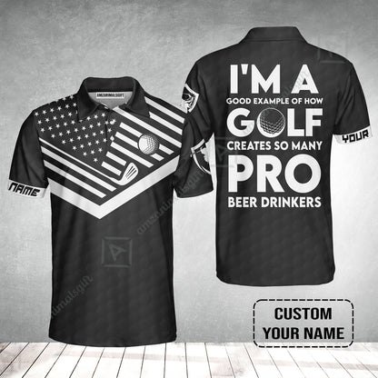 Personalized Golf American Flag Men Polo Shirt, I'm A Golf Pro And Beer Drinker Custom Polo Shirt