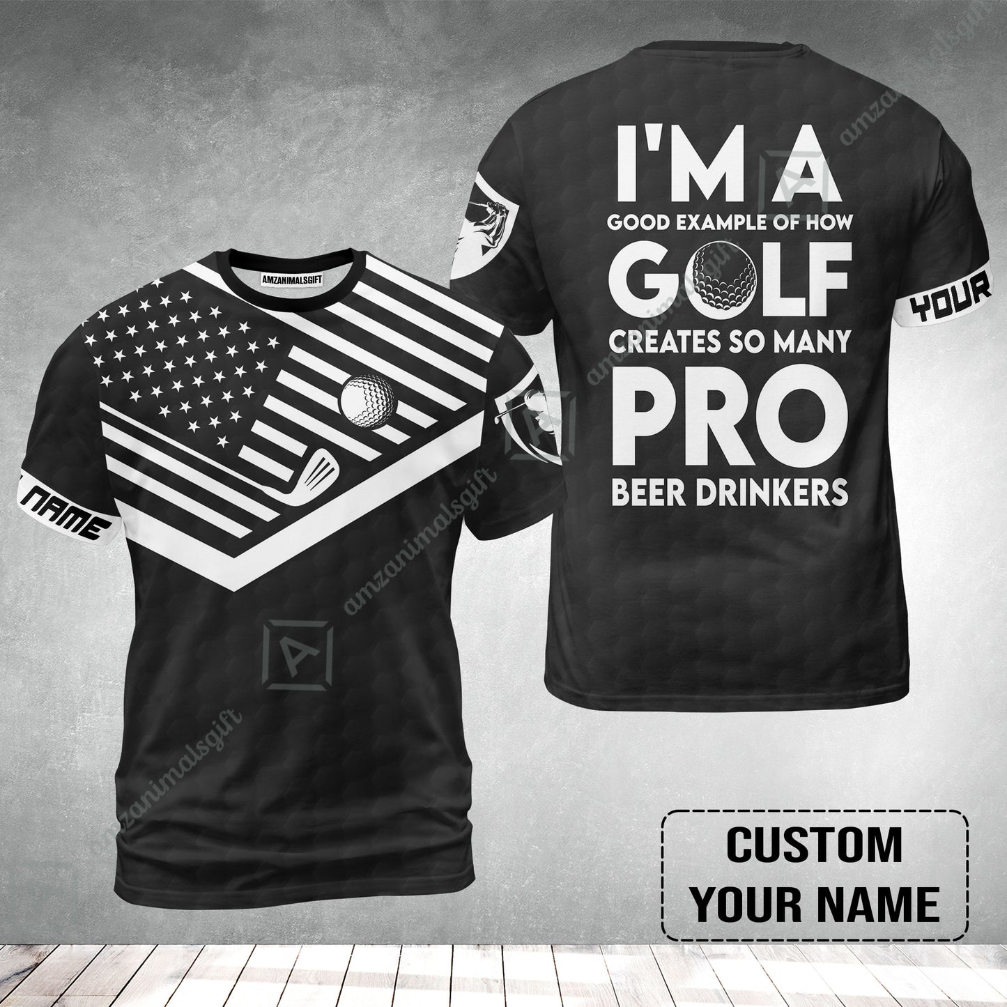 Personalized Golf American Flag T-Shirt, I'm A Golf Pro And Beer Drinker Custom T-Shirt