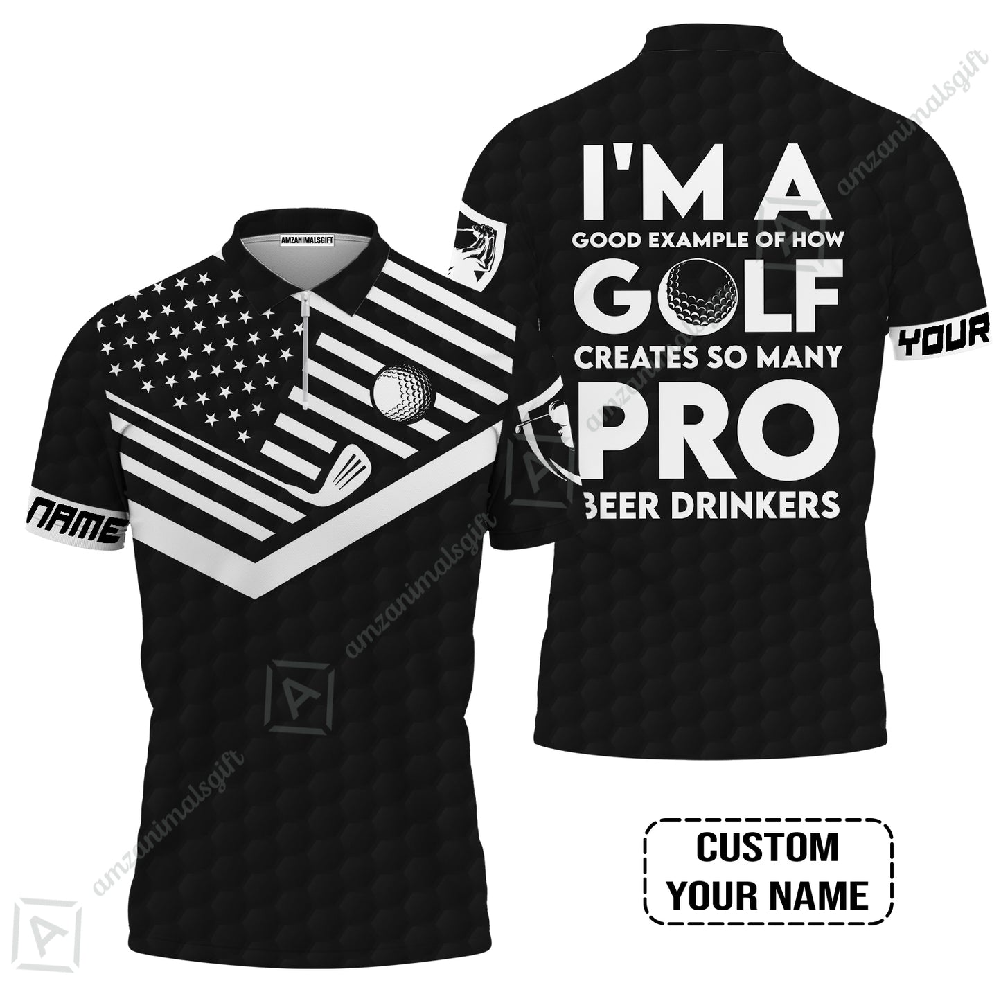 Personalized Golf American Flag Men Polo Shirt, I'm A Golf Pro And Beer Drinker Custom Polo Shirt