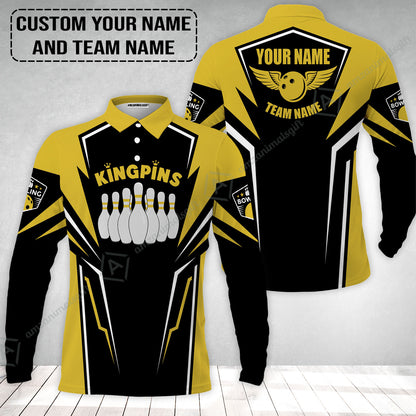 Bowling Custom Long Polo Shirt - Custom Name King Pins Bowling Team Personalized Bowling Long Polo Shirt