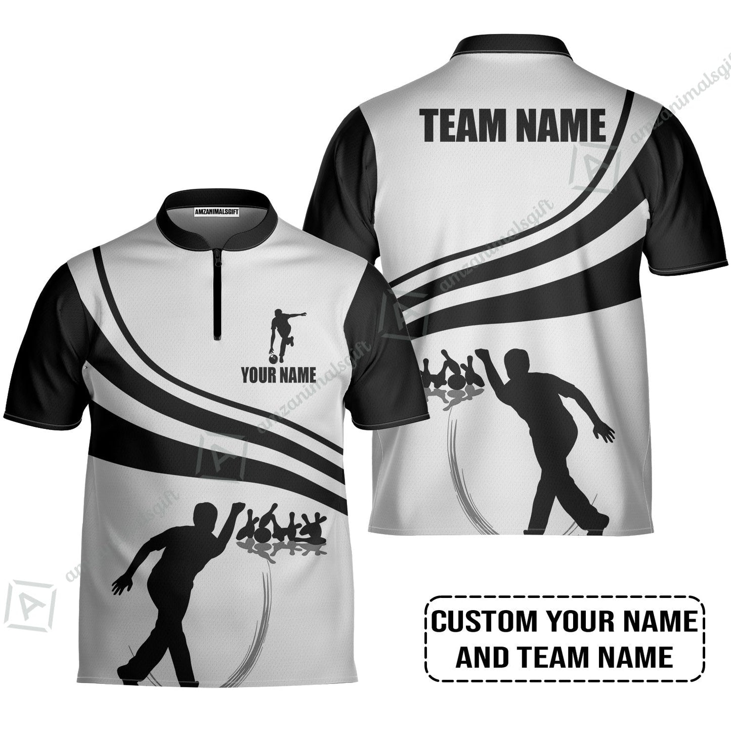 Bowling Custom Long Sleeve Men Polo Shirt - Custom Name Black and Gold Men Bowlers Personalized Bowling Polo Shirt