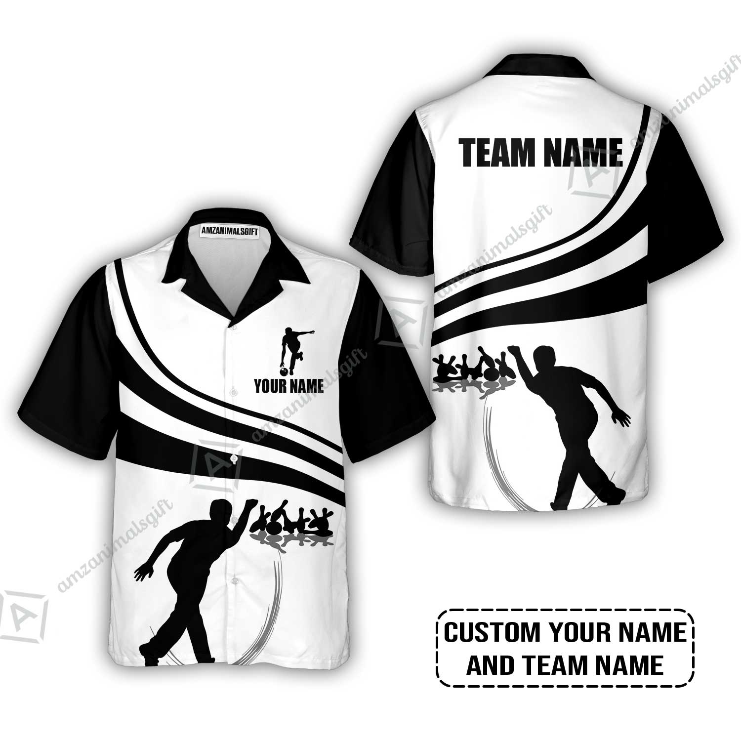 Bowling Custom Name Hawaiian Shirt - Black and Gold Men Bowlers Personalized Hawaiian Shirt
