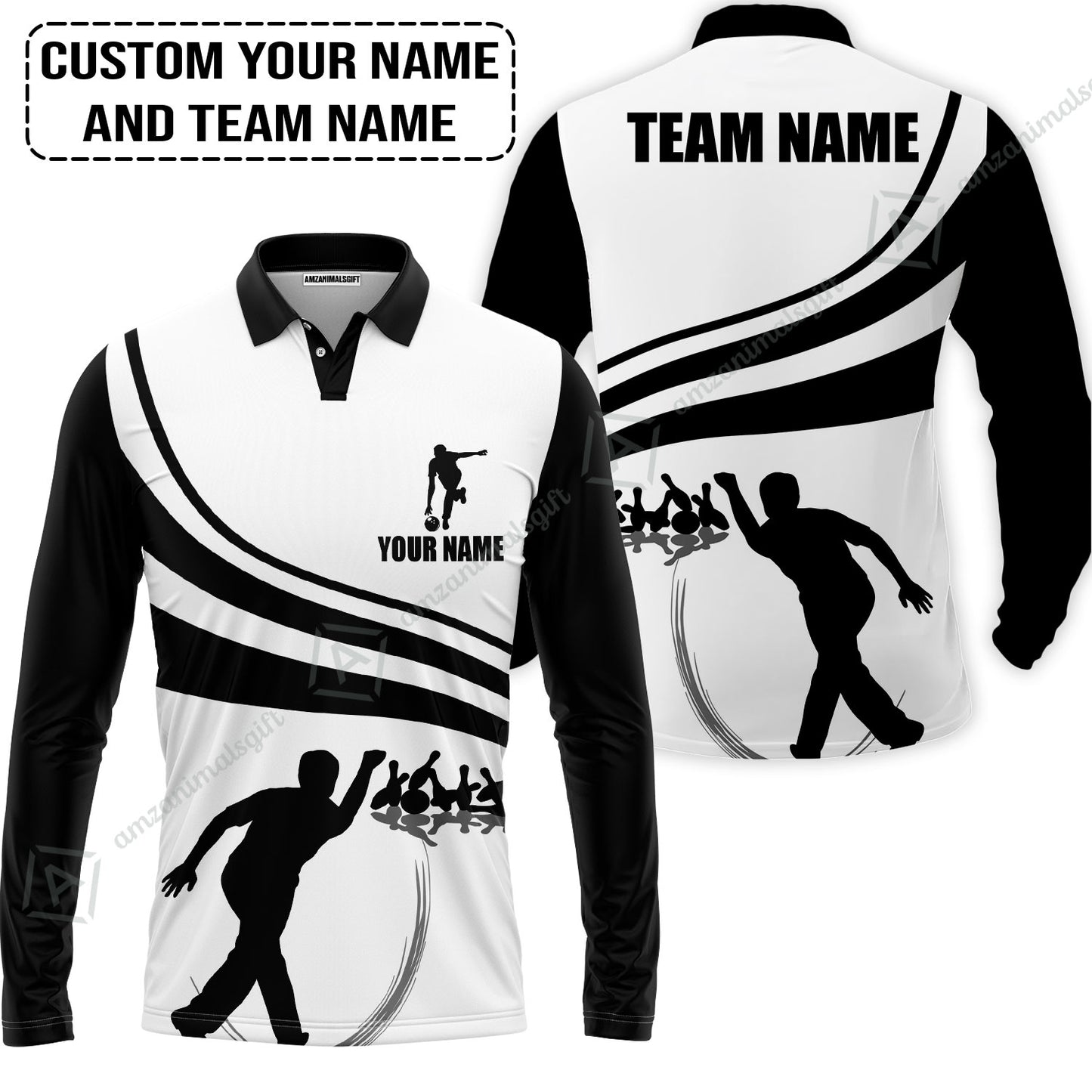Bowling Custom Men Polo Shirt - Custom Name Black and Gold Men Bowlers Personalized Bowling Polo Shirt