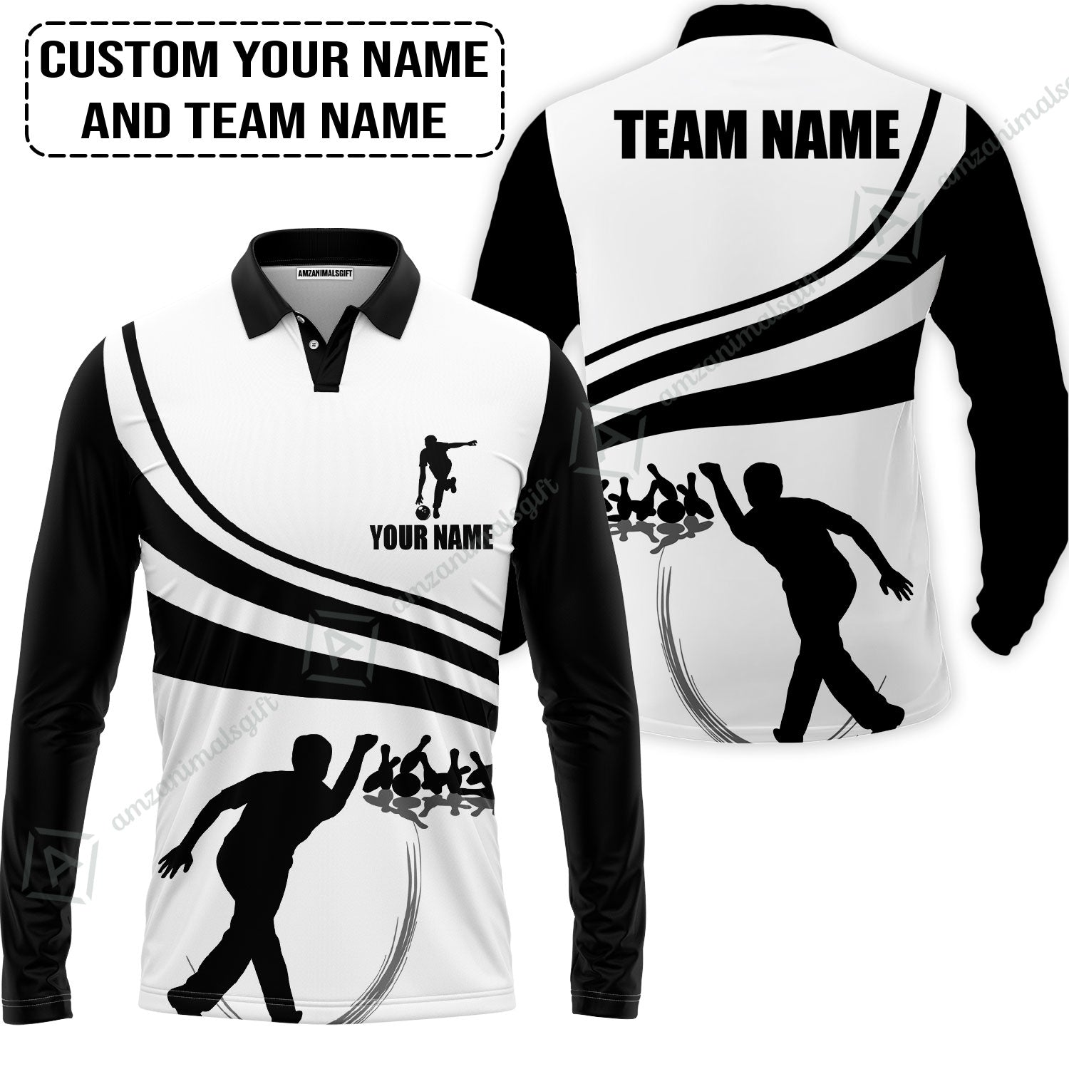 Bowling Custom Long Sleeve Men Polo Shirt - Custom Name Black and Gold Men Bowlers Personalized Bowling Polo Shirt