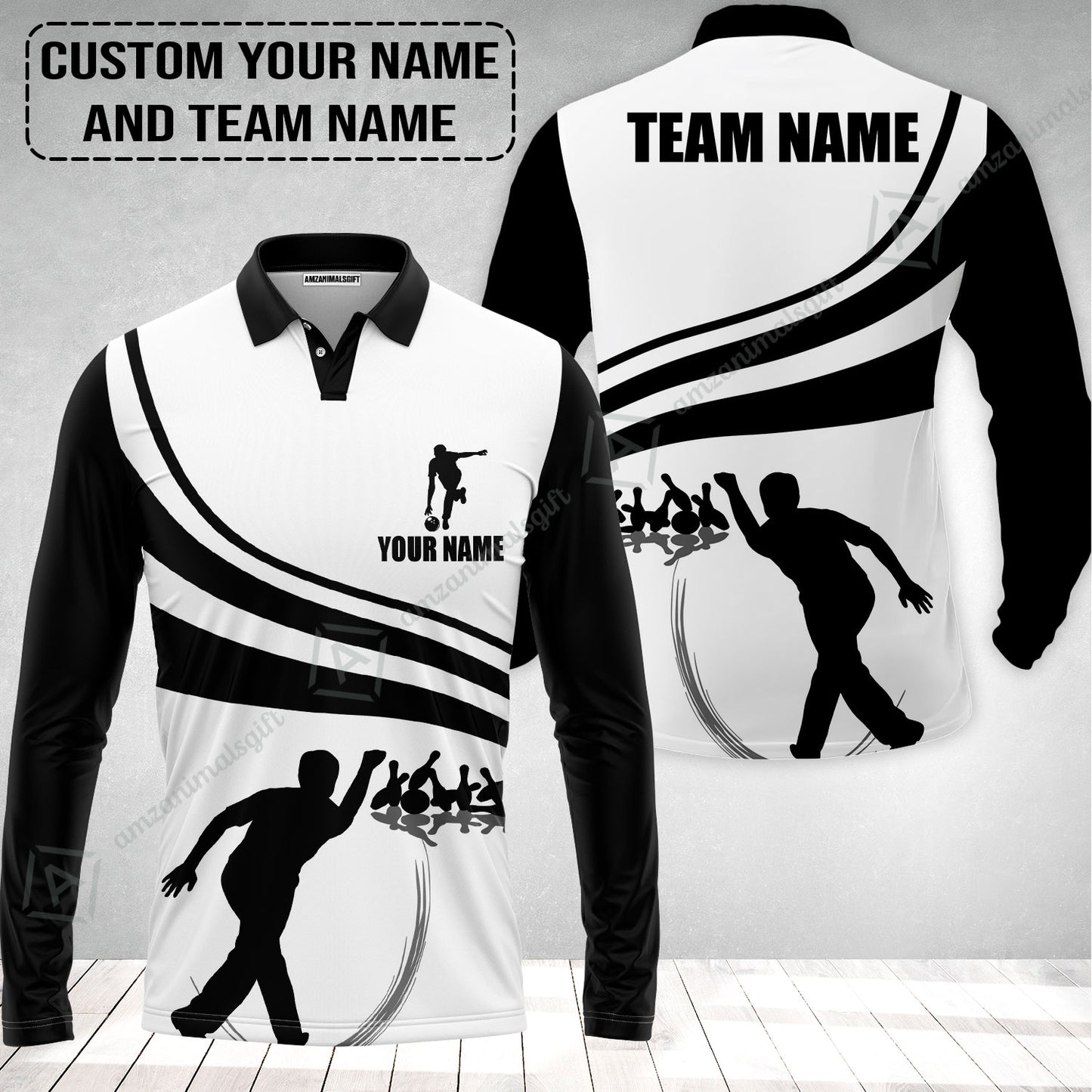 Bowling Custom Long Sleeve Men Polo Shirt - Custom Name Black and Gold Men Bowlers Personalized Bowling Polo Shirt