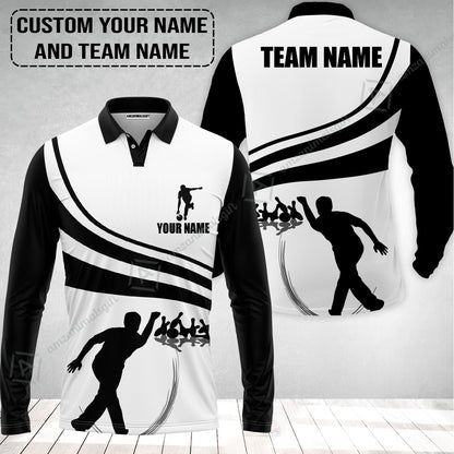 Bowling Custom Long Sleeve Men Polo Shirt - Custom Name Black and Gold Men Bowlers Personalized Bowling Polo Shirt
