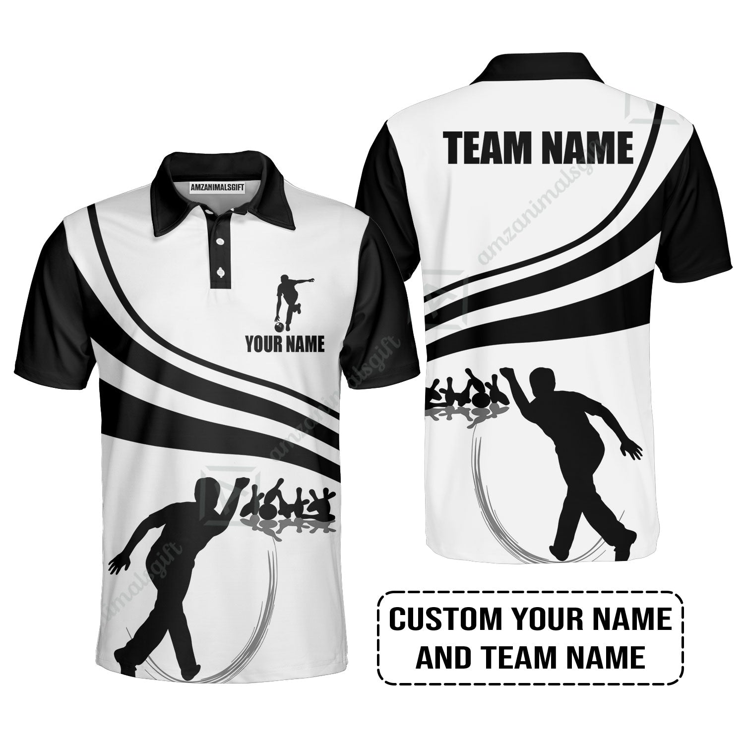 Bowling Custom Men Polo Shirt - Custom Name Black and Gold Men Bowlers Personalized Bowling Polo Shirt