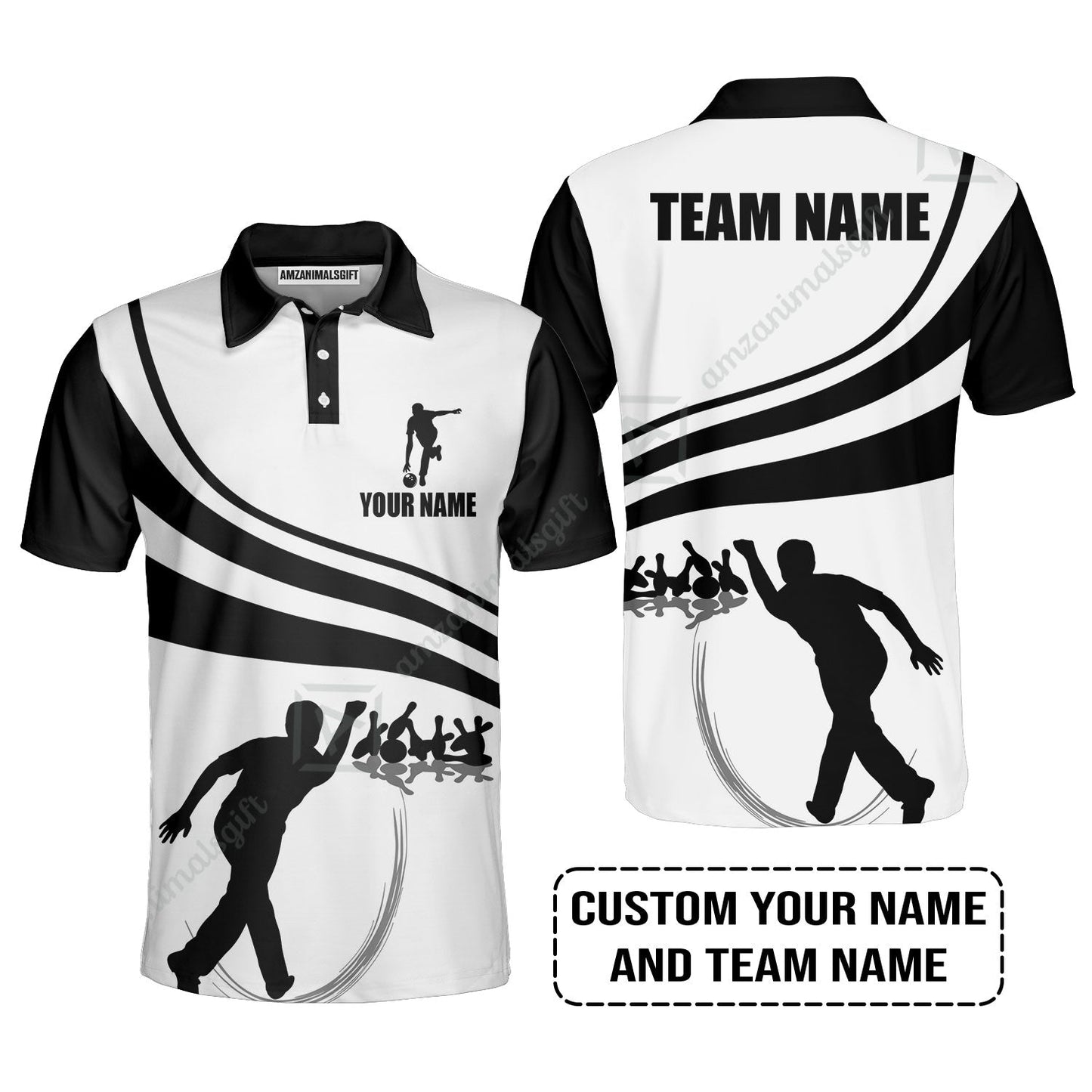Bowling Custom Name Women Polo Shirt - Black and Gold Men Bowlers Personalized Women Polo Shirt