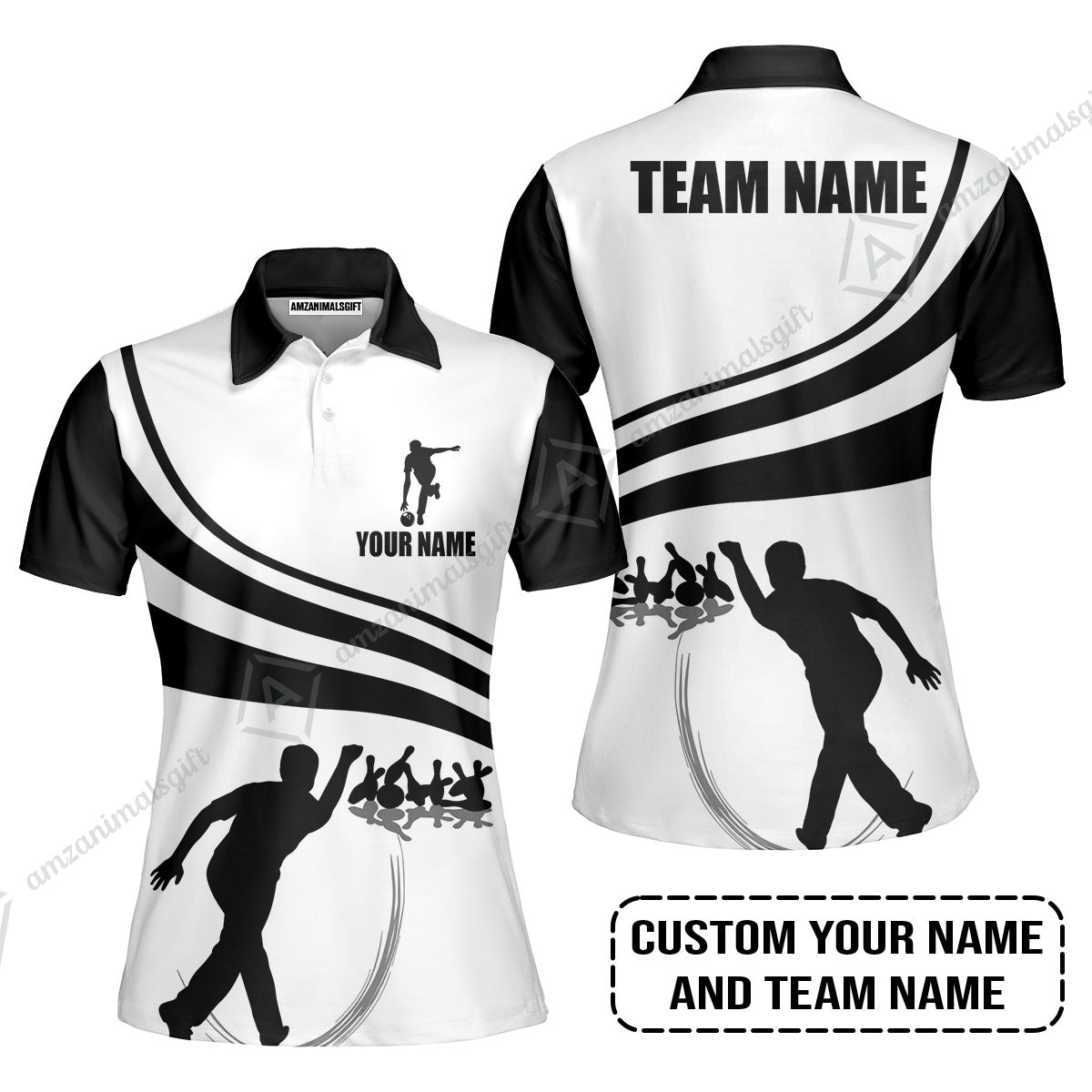 Bowling Custom Name Women Polo Shirt - Black and Gold Men Bowlers Personalized Women Polo Shirt