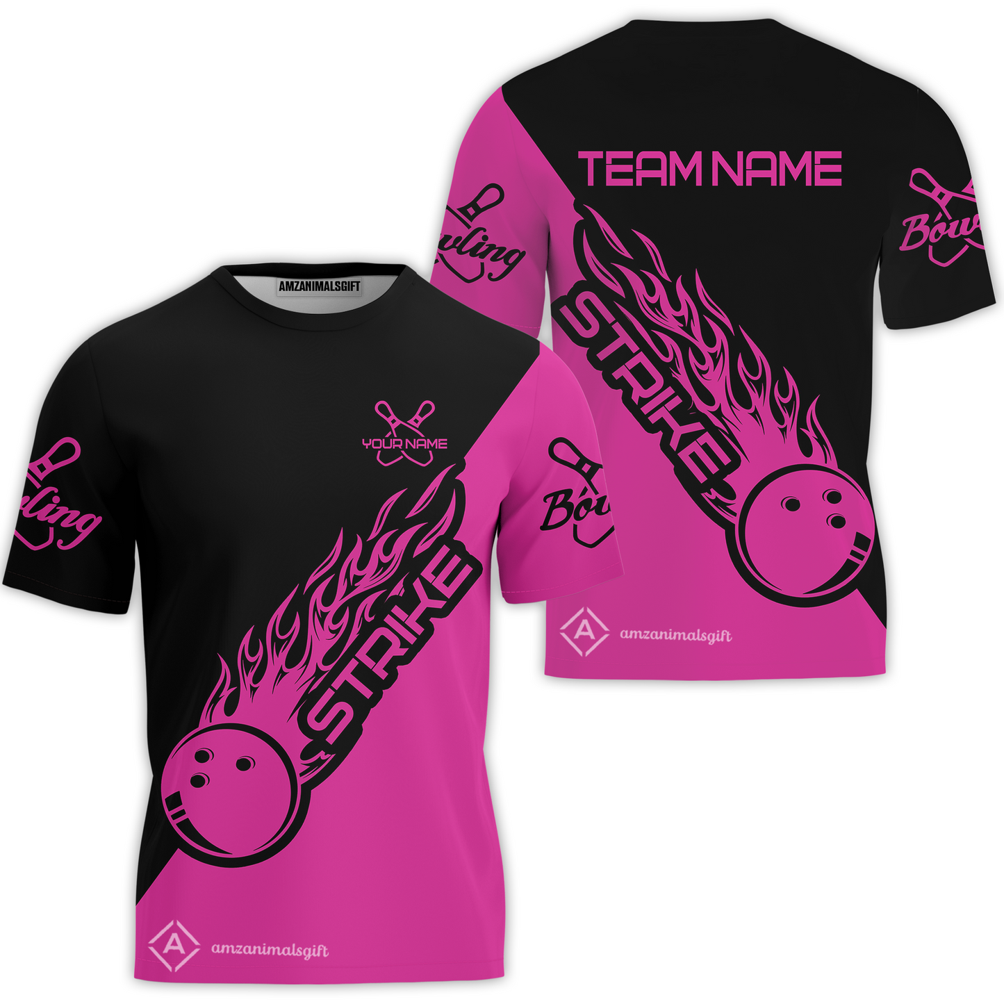 Customized Bowling Team Shirt, Bowling Strike Black And Pink Uniform Shirt, Perfect outfit For Bowlers, Bowling Team