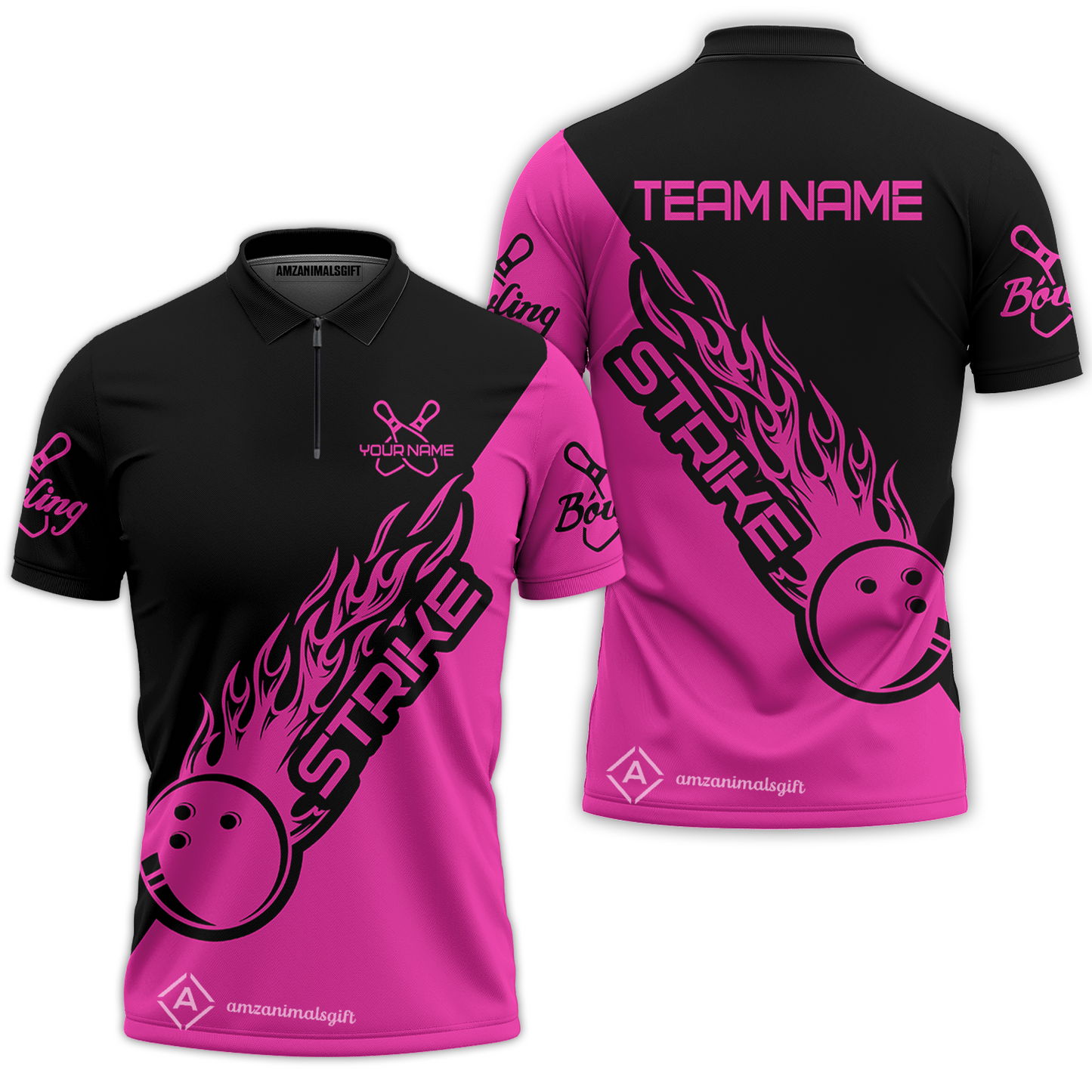 Customized Bowling Team Shirt, Bowling Strike Black And Pink Uniform Shirt, Perfect outfit For Bowlers, Bowling Team