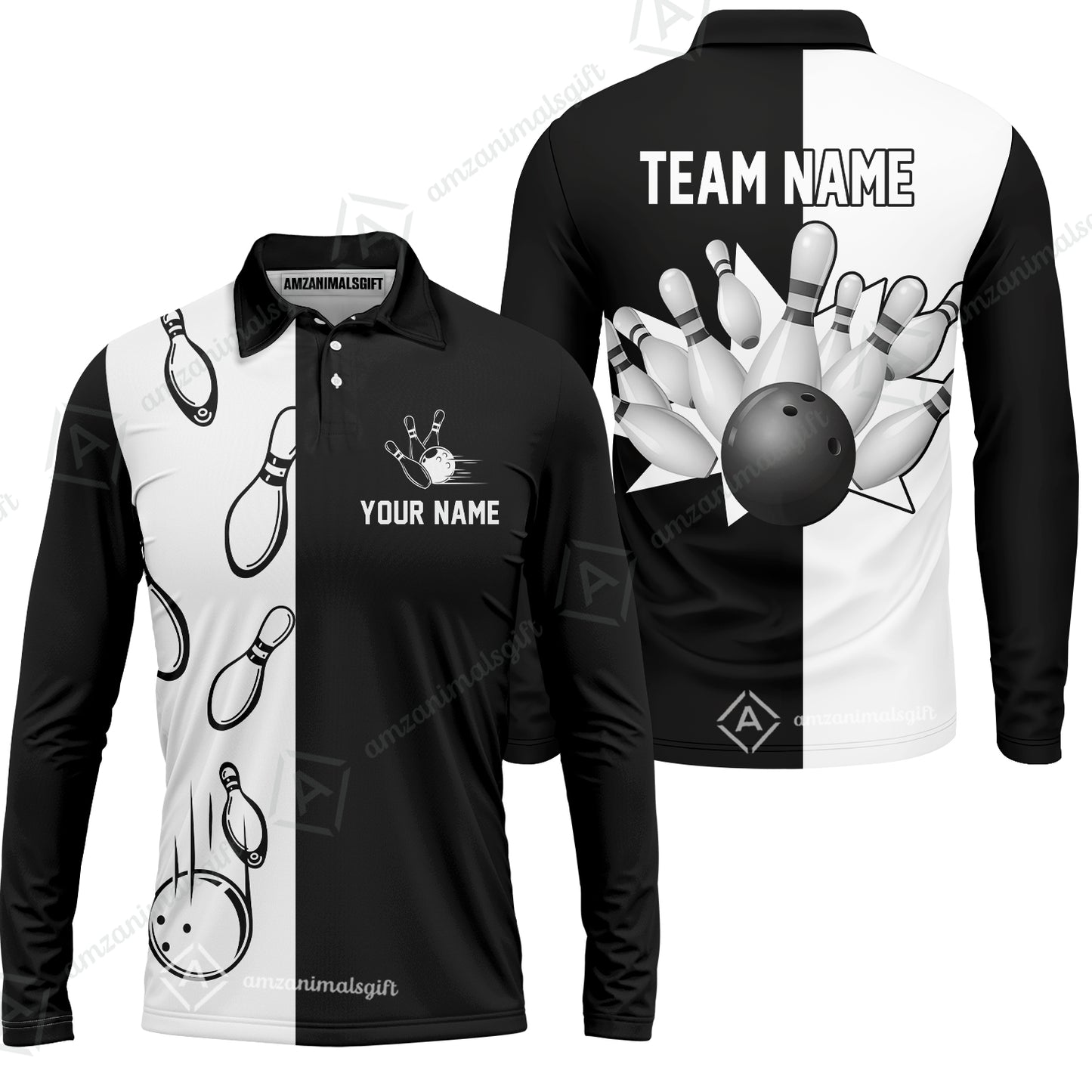 Bowling Custom Men's Long Sleeve Polo Shirt - Custom Name Black and white retro vintage Bowling Personalized Long Sleeve Polo Shirt