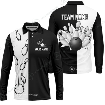Bowling Custom Men's Long Sleeve Polo Shirt - Custom Name Black and white retro vintage Bowling Personalized Long Sleeve Polo Shirt