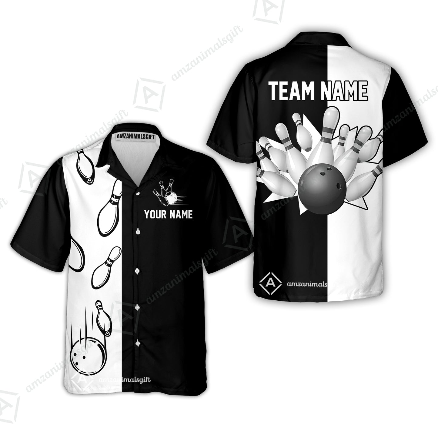 Personalized Bowling Team  Button Up Shirt, Custom Name Black And White Retro Vintage Bowling Hawaiian Shirt For Bowlers