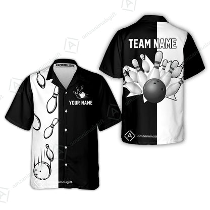 Personalized Bowling Team  Button Up Shirt, Custom Name Black And White Retro Vintage Bowling Hawaiian Shirt For Bowlers