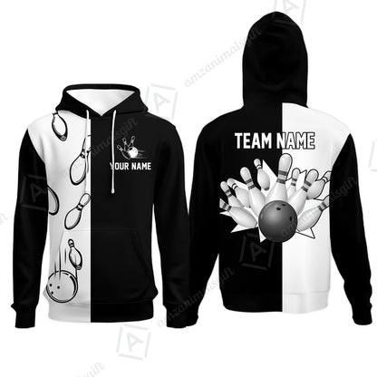 Bowling Custom Hoodie - Custom Name Black and white retro vintage Bowling Personalized Hoodie