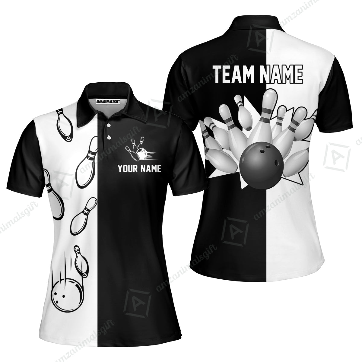 Personalized Bowling Custom Women Polo Shirt, Custom Name Black And White Retro Vintage Bowling Polo Shirt For Bowlers