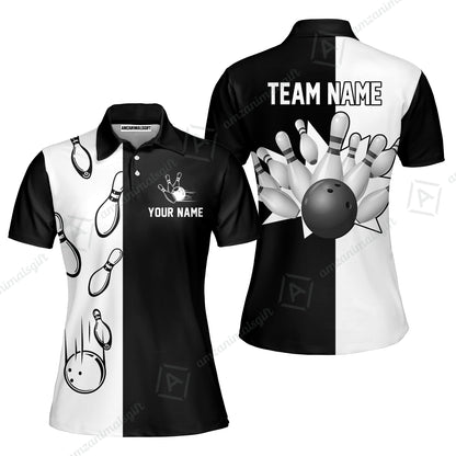 Personalized Bowling Custom Women Polo Shirt, Custom Name Black And White Retro Vintage Bowling Polo Shirt For Bowlers