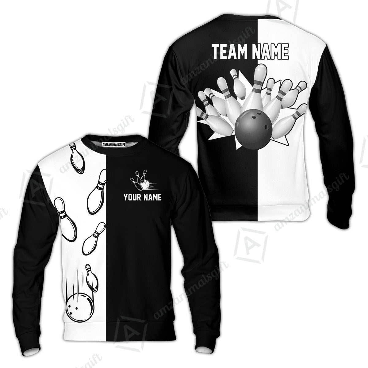 Bowling Custom Sweater - Custom Name Black and white retro vintage Bowling Personalized Sweater