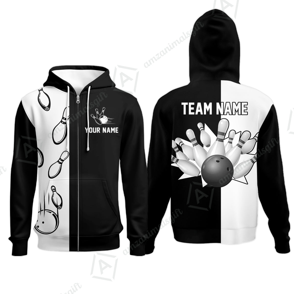 Bowling Custom Zip Hoodie- Custom Name Black and white retro vintage Bowling Personalized Hoodie
