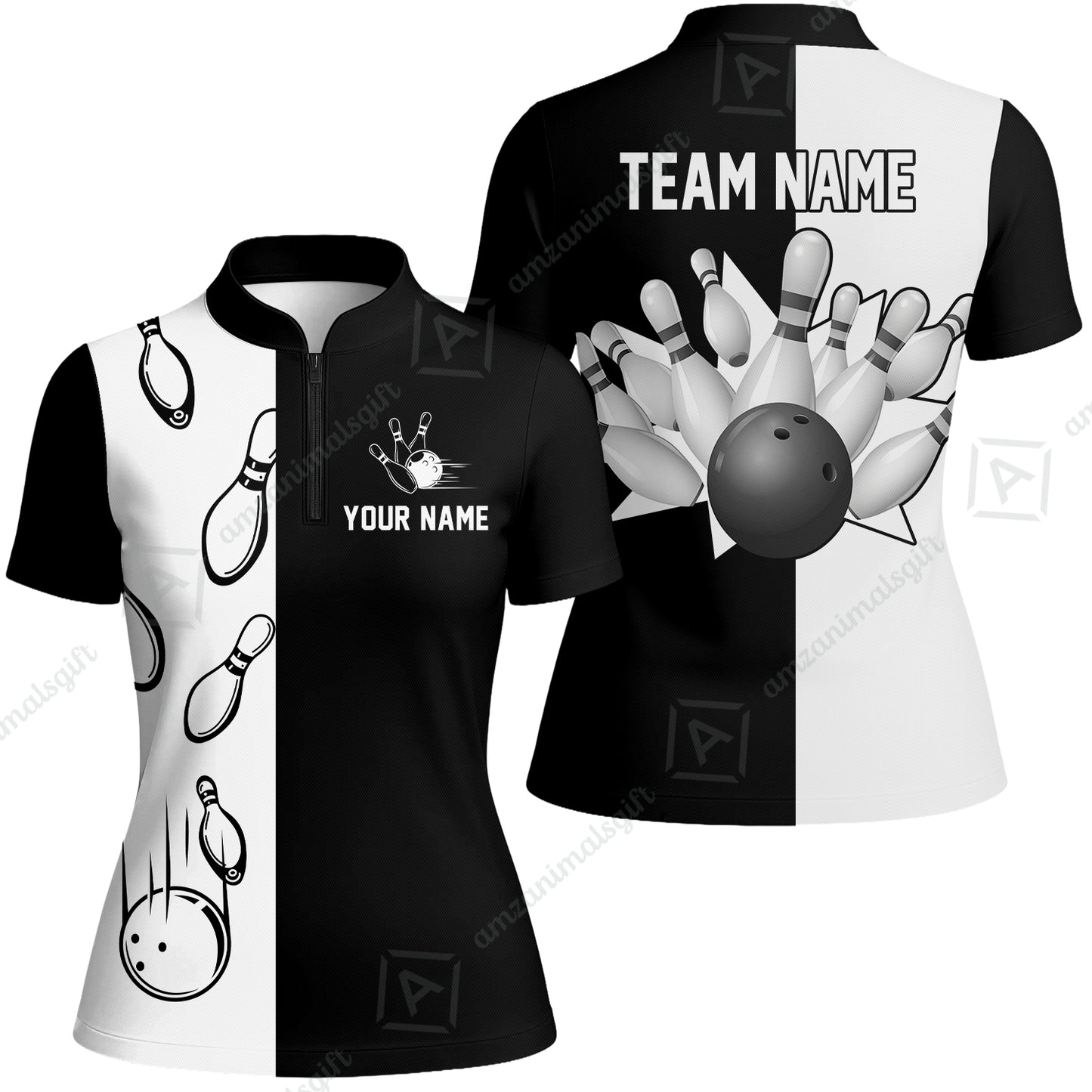 Personalized Bowling Team  Button Up Shirt, Custom Name Black And White Retro Vintage Bowling Women Jersey Shirt For Bowlers
