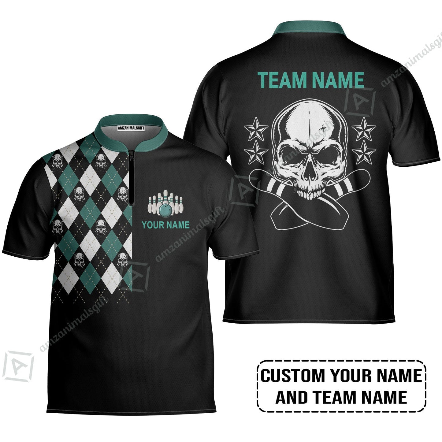 Custom Bowling Long Polo Shirt - Custom Name Skull Black Bowling Personalized Long Polo Shirt