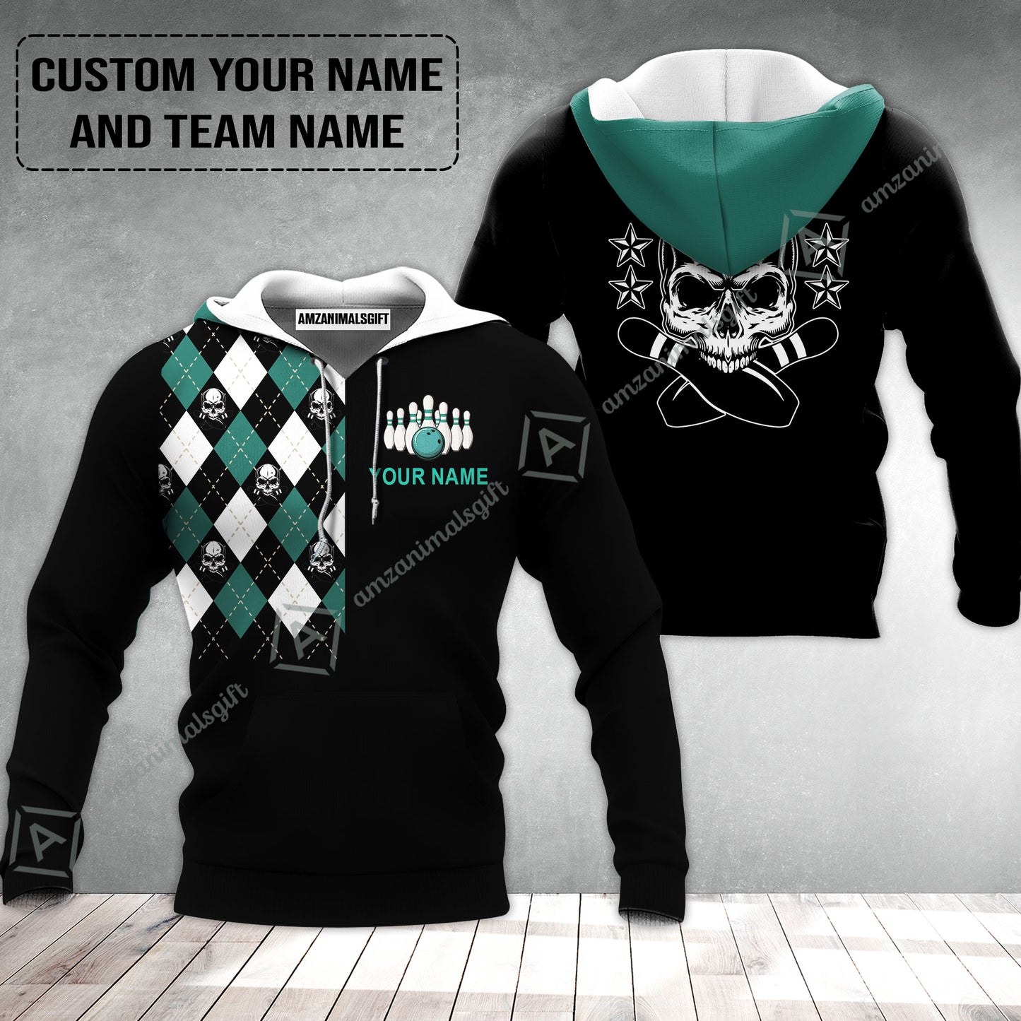 Custom Bowling Hoodie - Custom Name Skull Black Bowling Personalized Hoodie