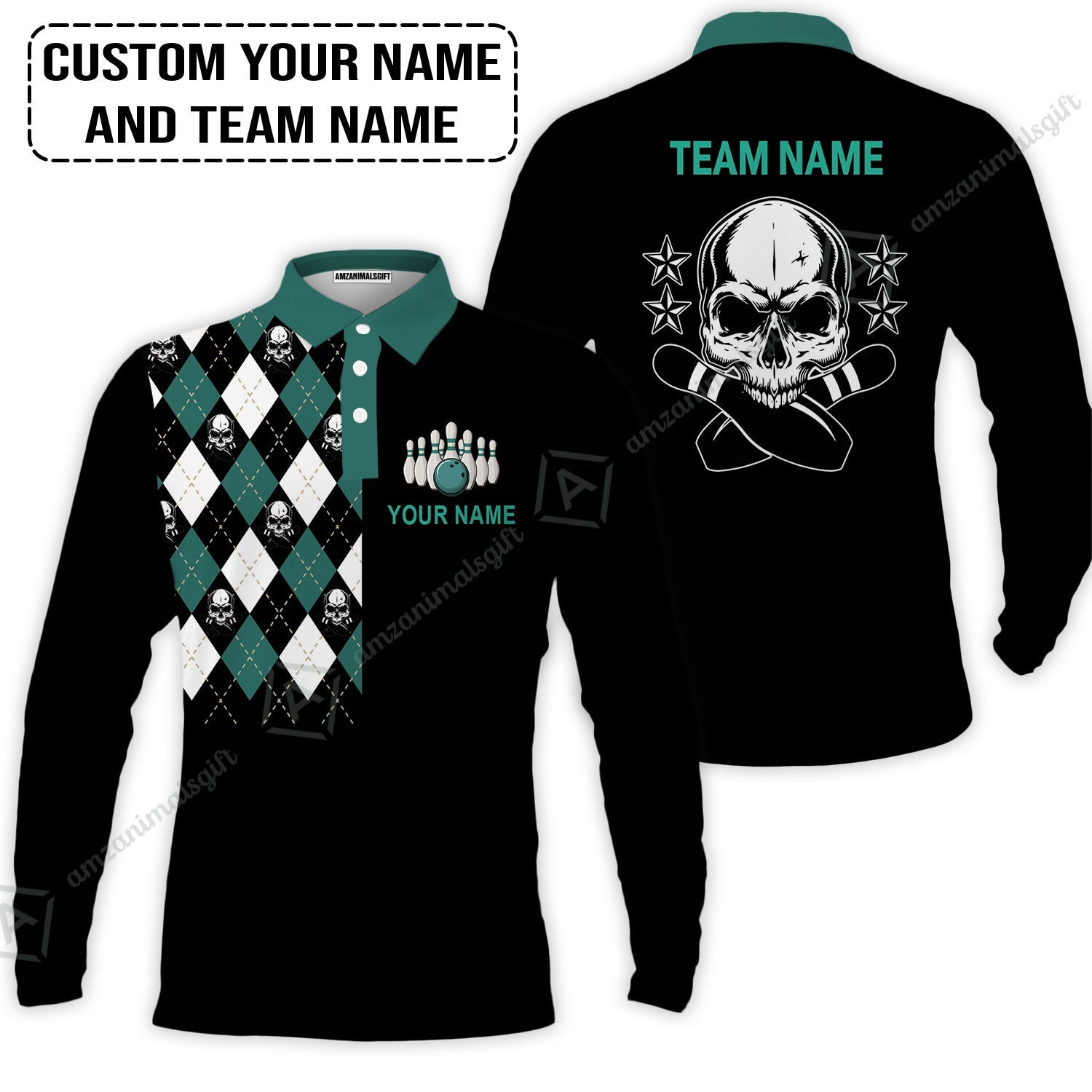 Custom Bowling Long Polo Shirt - Custom Name Skull Black Bowling Personalized Long Polo Shirt