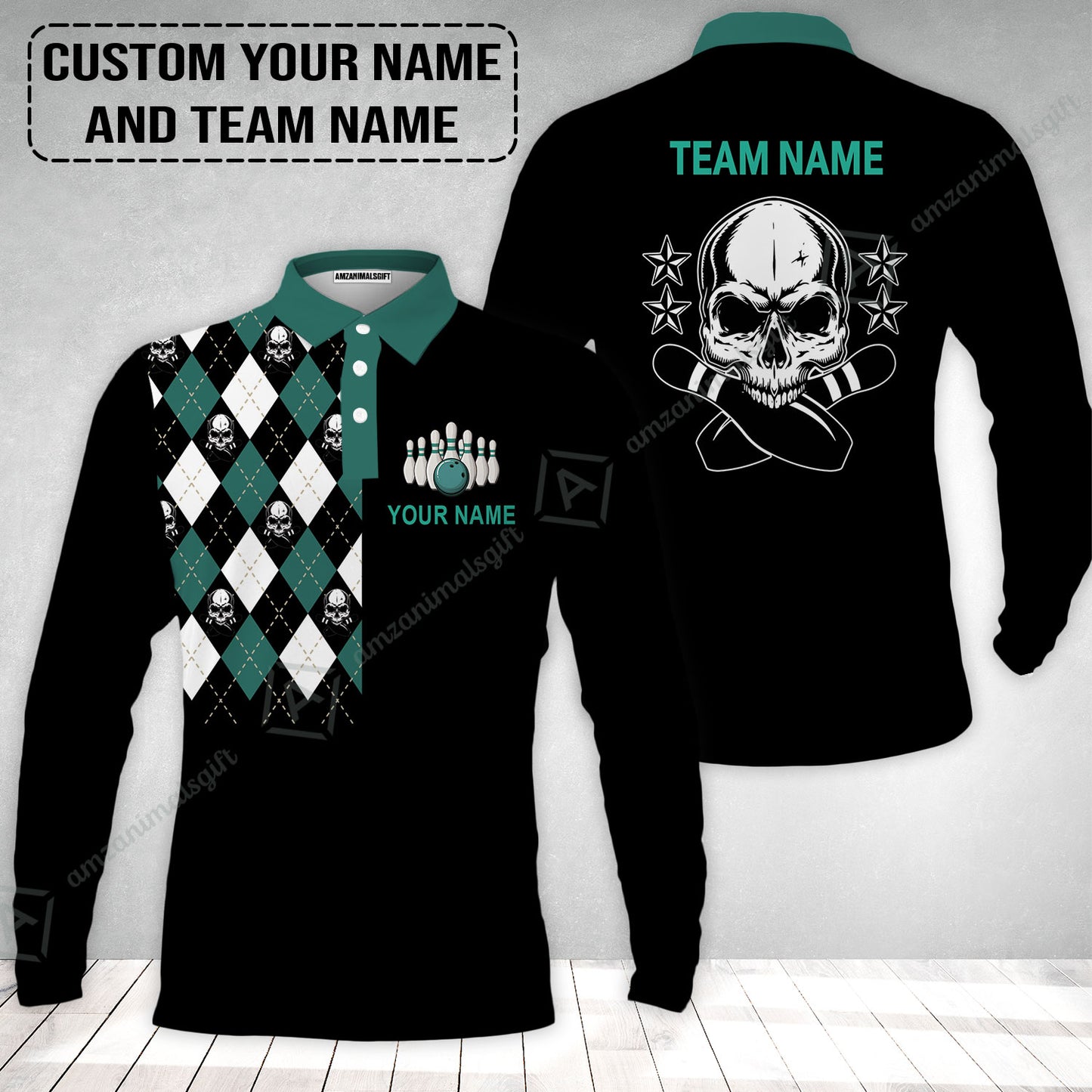 Custom Bowling Long Polo Shirt - Custom Name Skull Black Bowling Personalized Long Polo Shirt