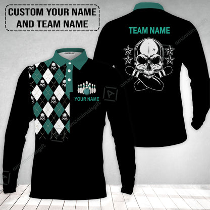Custom Bowling Long Polo Shirt - Custom Name Skull Black Bowling Personalized Long Polo Shirt