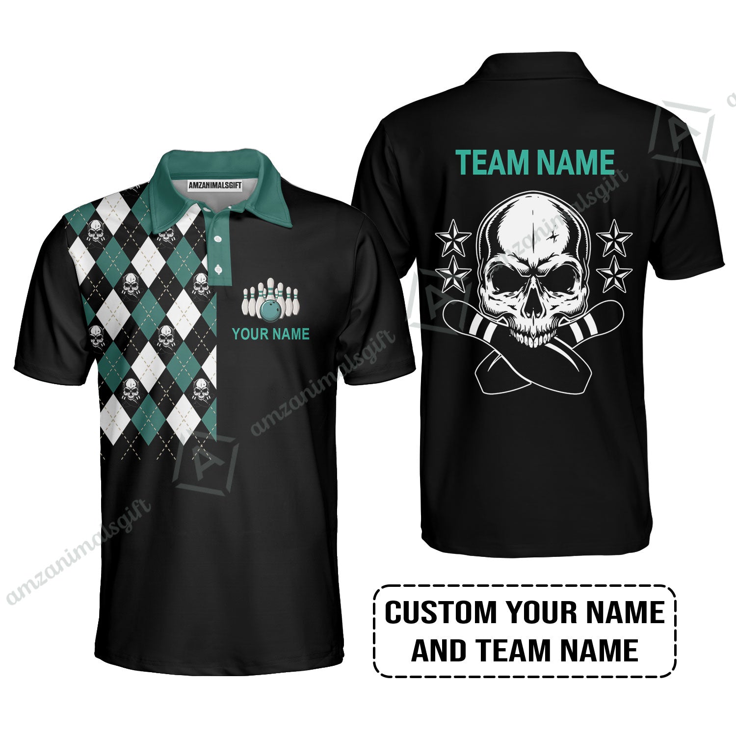 Custom Bowling Men Polo Shirt - Custom Name Skull Black Bowling Personalized Bowling Polo Shirt